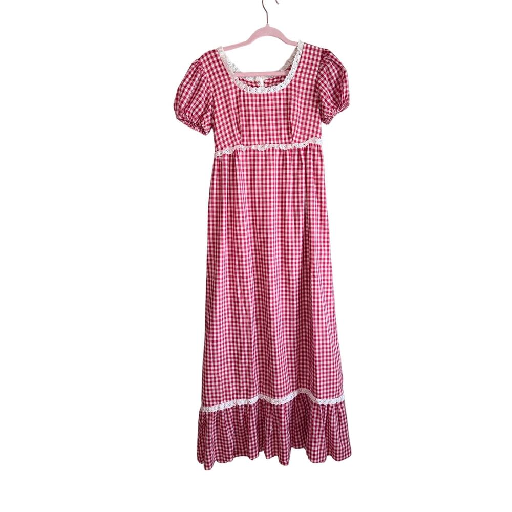 Vintage handmade red gingham prairie dress cottagecore Americana small ruffles